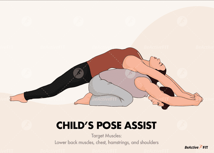Two persons performing Child's Pose Assist Yoga. Target Muscles also indicated.