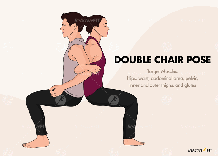 Two persons performing Double Chair Yoga Pose. Target Muscles also indicated.
