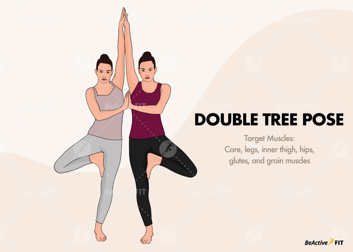 Two persons performing Double Tree Yoga Pose. Target Muscles also indicated.