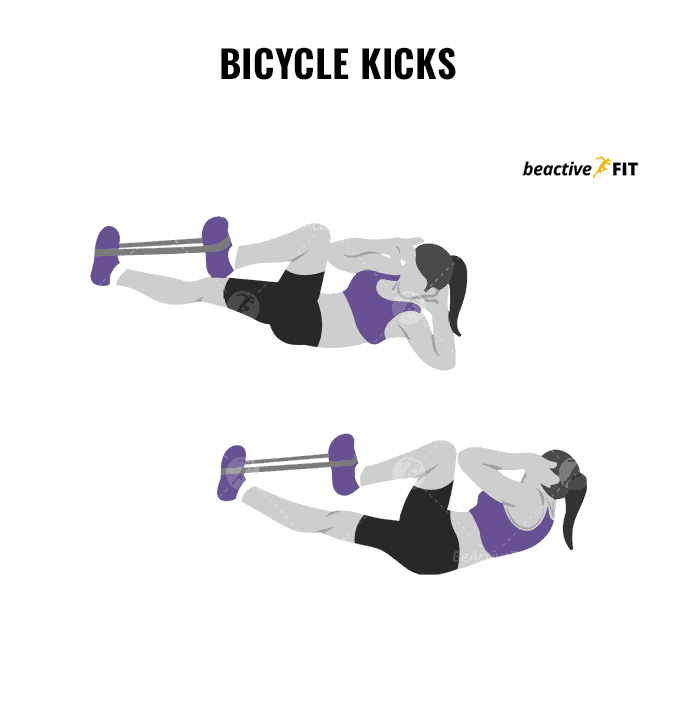 Bicycle Kicks Targets - Rectus abdominis (six-pack muscles), adductors, and obliques
